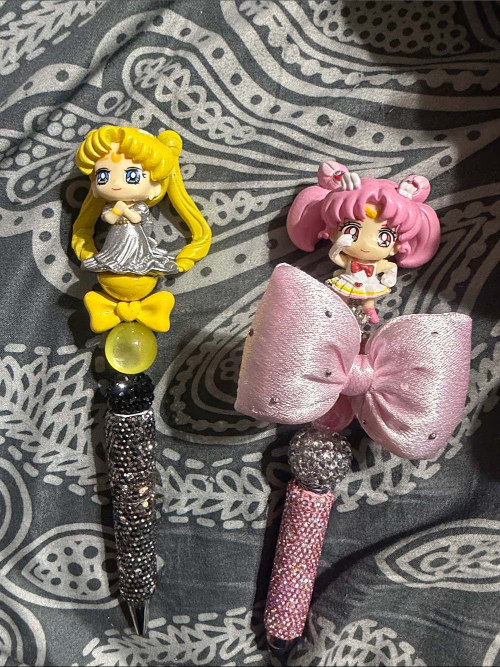 Yellow or pink rhinestone beaded pen with Sailor Moon topper.